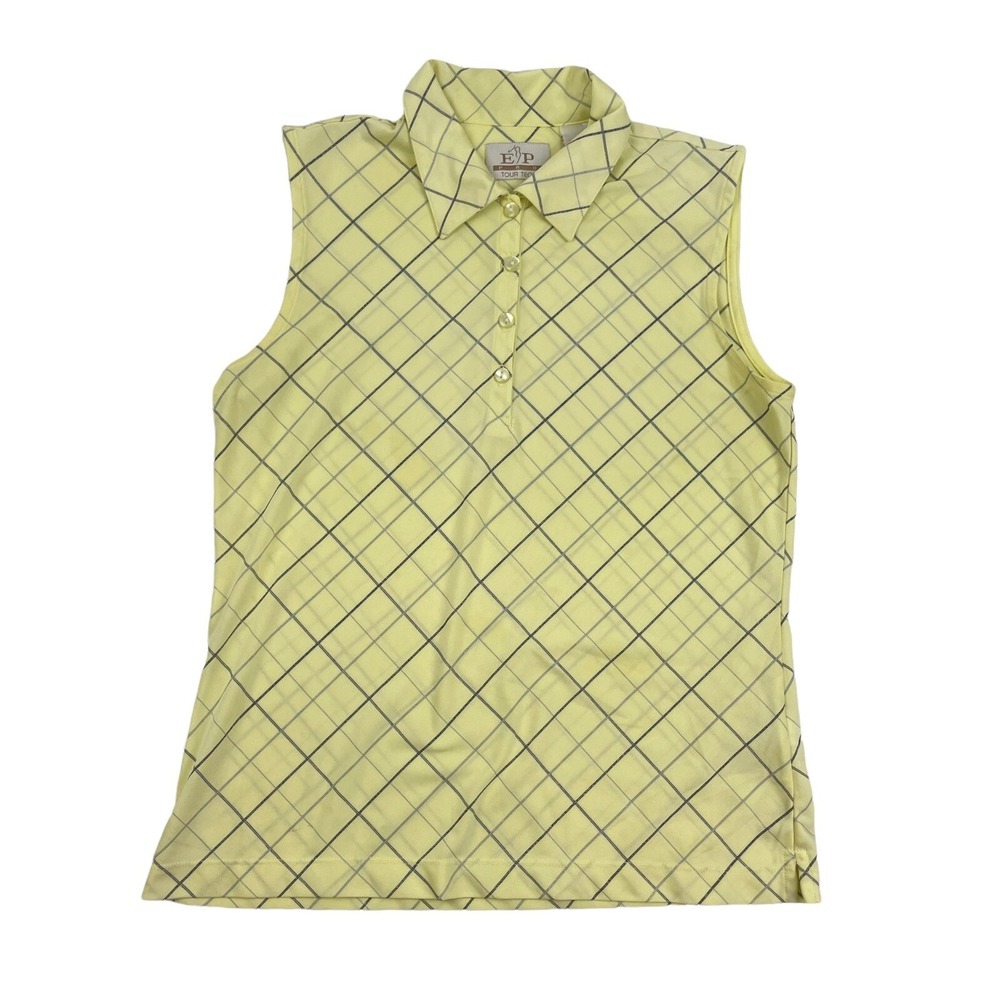 EP Pro Tour Tech Golf Tank Top Sleeveless Polo Yellow Plaid Sz Small Polyester
